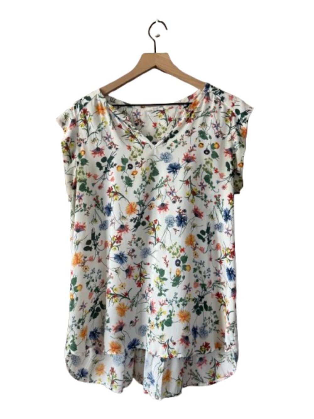 Women's L Pleione Wildflower Floral V Neck Cap Sleeve Blouse